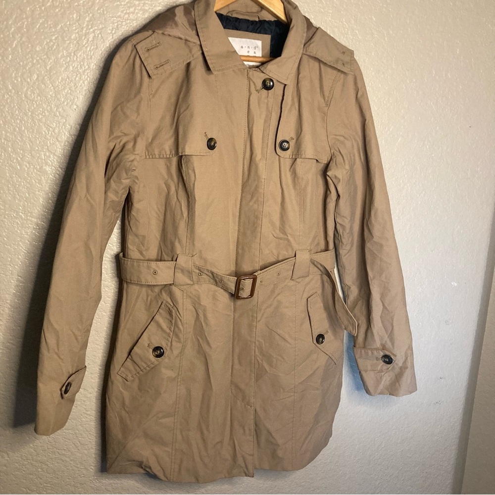 A New Day Women's Full Zip Up Trench Coat With Hoodie Belt and Button features